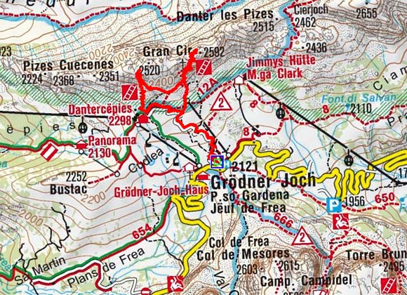 Kleine Cirspitze-Große Cirspitze (2520/2592 m) vom Grödner Joch Kleine Cirspitze-Große Cirspitze (2520/2592 m) vom Grödner Joch