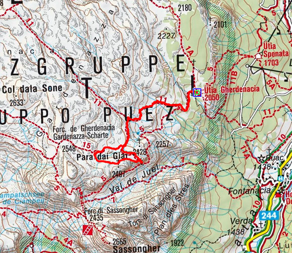 Para dai Giai (2497 m) von der Schutzhütte-Gardenacia Para dai Giai (2497 m) von der Schutzhütte-Gardenacia