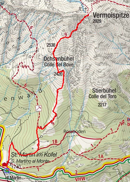 Vermoispitze (2929 m) von St. Martin im Kofel Vermoispitze (2929 m) von St. Martin im Kofel
