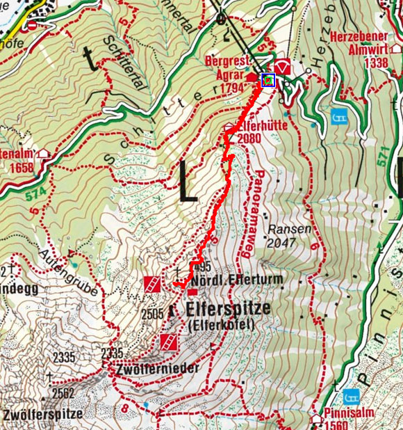 Elferspitze (Nördlicher Elferturm-2495 m) von der Elfer Bergstation Elferspitze (Nördlicher Elferturm-2495 m) von der Elfer Bergstation