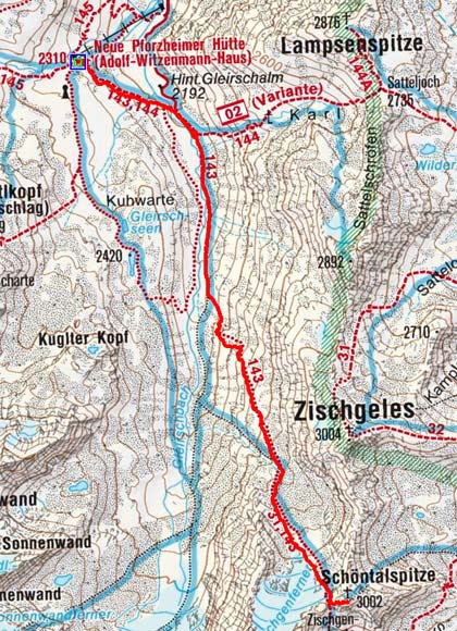 Schöntalspitze (3002 m) von der Pforzheimer Hütte Schöntalspitze (3002 m) von der Pforzheimer Hütte
