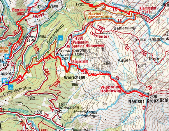 Naviser Kreuzjöchl (2536 m) vom Parkplatz Schranzberg Naviser Kreuzjöchl (2536 m) vom Parkplatz Schranzberg