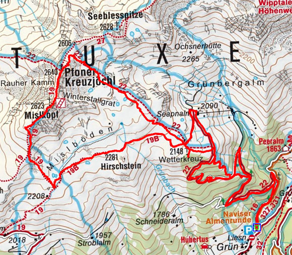 Pfoner Kreuzjöchl und Mislkopf (2640/2623 m) von Navis Pfoner Kreuzjöchl und Mislkopf (2640/2623 m) von Navis