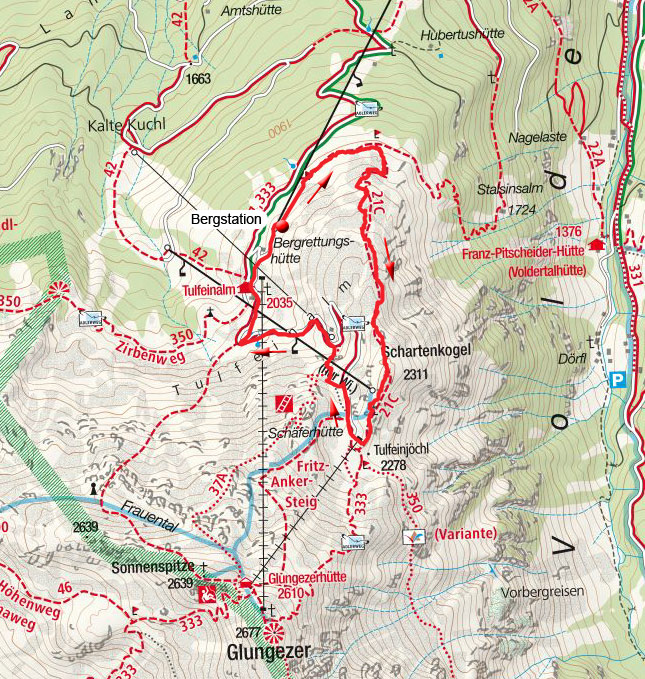 Schartenkogel-Rundwanderung von der Bergstation Tulfein Schartenkogel-Rundwanderung von der Bergstation Tulfein