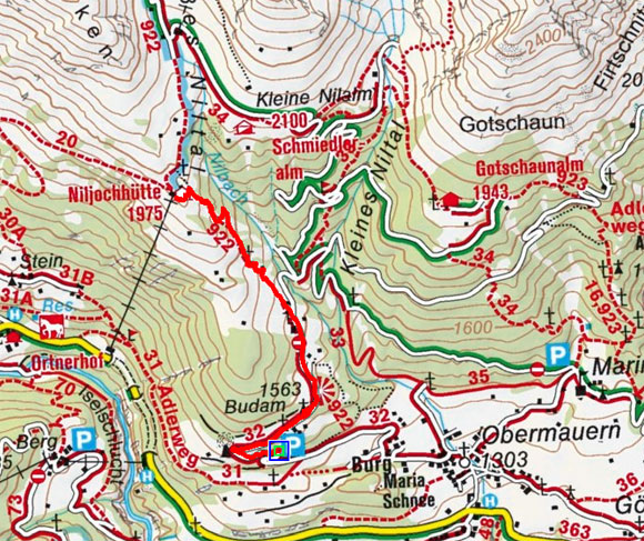 Nilljochhütte (1990 m)vom Parkplatz Budam-Obermauern Nilljochhütte (1990 m)vom Parkplatz Budam-Obermauern