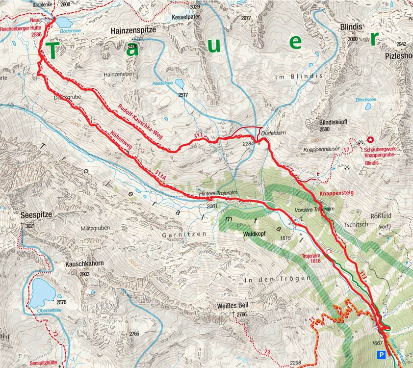 Neue Reichenberger Hütte (2586m) & Bödensee vom Parkplatz Trojer Alm Neue Reichenberger Hütte (2586m) & Bödensee vom Parkplatz Trojer Alm