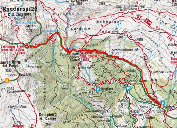 Schutzhaus Latzfonserkreuz (2305 m) vom Parkplatz Kühhof Schutzhaus Latzfonserkreuz (2305 m) vom Parkplatz Kühhof