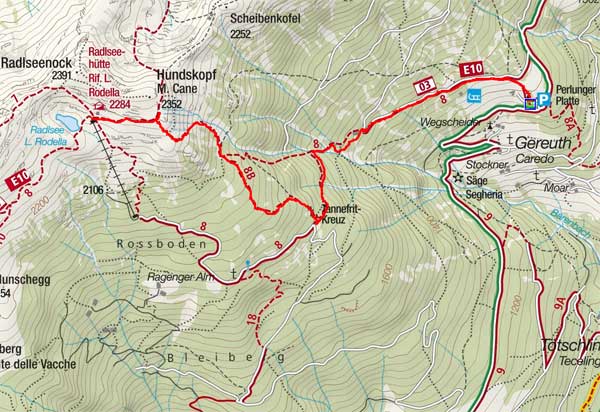 Radlseehütte (2284 m) vom Perlungerhof Radlseehütte (2284 m) vom Perlungerhof