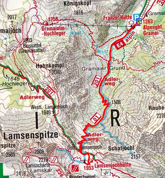Lamsenjochhütte (1953 m) aus dem Falzturntal Lamsenjochhütte (1953 m) aus dem Falzturntal