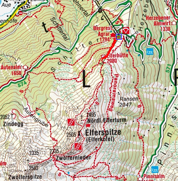 Elferhütte (2080 m) von der Bergstation Elfer Elferhütte (2080 m) von der Bergstation Elfer