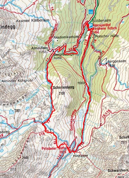 Potsdamer Hütte (2020 m) über die Almindalm Potsdamer Hütte (2020 m) über die Almindalm