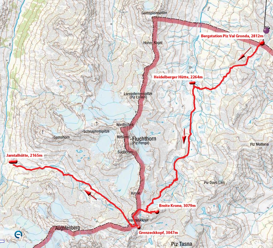 Tag 1: Ischgl – Heidelberger Hütte – Breite Krone – Grenzeckkopf - Jamtalhütte Tag 1: Ischgl – Heidelberger Hütte – Breite Krone – Grenzeckkopf - Jamtalhütte