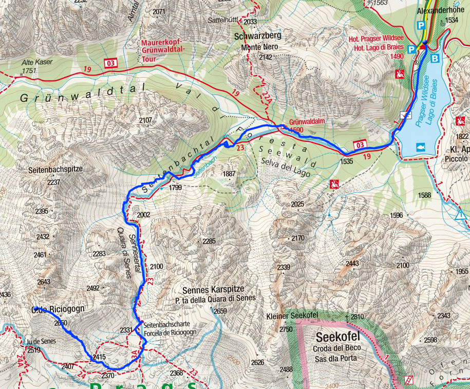 Col de Riciogogn (2650 m) vom Pragser Wildsee Col de Riciogogn (2650 m) vom Pragser Wildsee