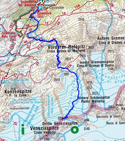 Dritte Veneziaspitze (3356 m) von der Enzianhütte Dritte Veneziaspitze (3356 m) von der Enzianhütte