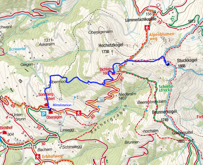 Stuckkogel (1850m; Pistentourenziel) von der Bichlalm Mittelstation Stuckkogel (1850m; Pistentourenziel) von der Bichlalm Mittelstation