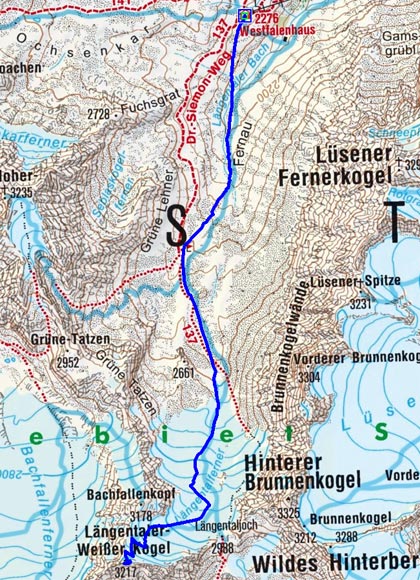Längentaler Weißer Kogel (3217 m) vom Westfalenhaus Längentaler Weißer Kogel (3217 m) vom Westfalenhaus