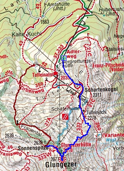 Glungezer-Sonnenspitze (2677/2639 m) von Tulfein Glungezer-Sonnenspitze (2677/2639 m) von Tulfein