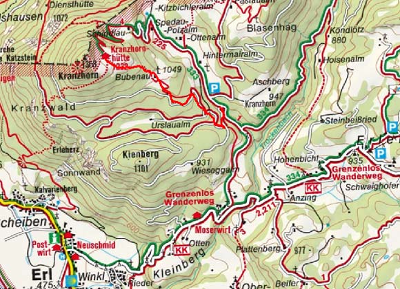 Kranzhorn Alm (Schützhütte Kranzhorn) vom Erler Berg Kranzhorn Alm (Schützhütte Kranzhorn) vom Erler Berg