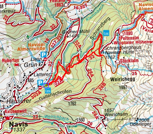 Naviser Hütte (1787 m) vom Parkplatz Schranzberg Naviser Hütte (1787 m) vom Parkplatz Schranzberg