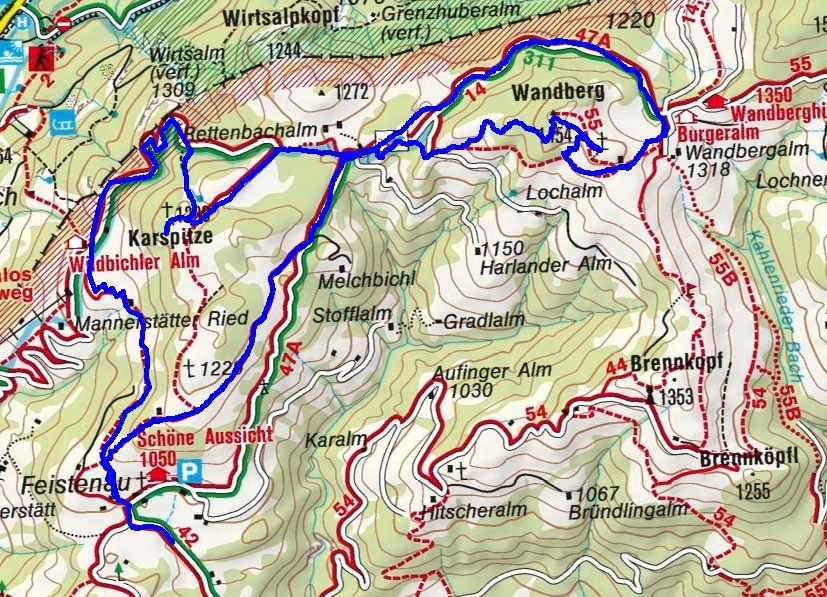 Karspitz (1239m) und Wandberg (1545m) von Feistenau in Rettenschöss Karspitz (1239m) und Wandberg (1545m) von Feistenau in Rettenschöss