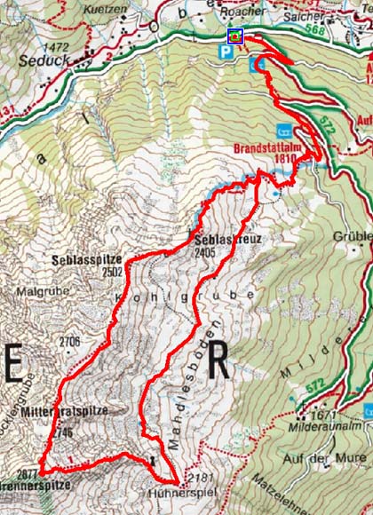Seblaskreuz-Brennerspitze (2405/2877 m) aus dem Oberbergtal Seblaskreuz-Brennerspitze (2405/2877 m) aus dem Oberbergtal