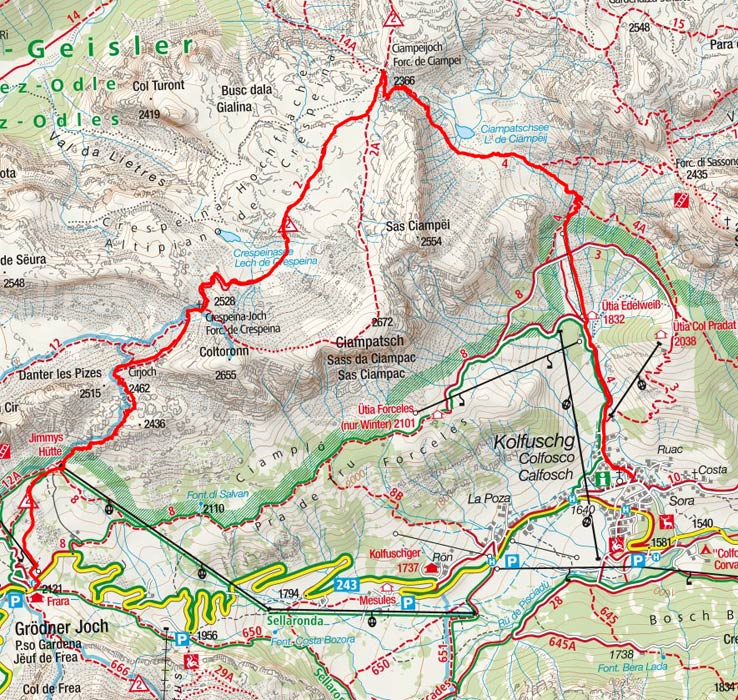 Grödner Joch – Crespeina Joch - Ciampëi Scharte – Edelweisstal - Kolfuschg Grödner Joch – Crespeina Joch - Ciampëi Scharte – Edelweisstal - Kolfuschg