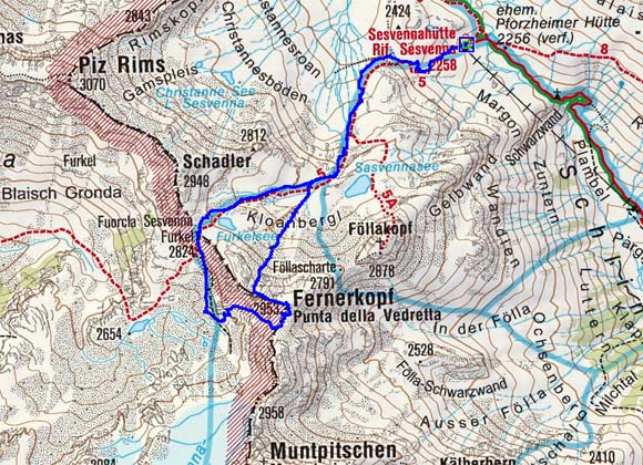 Fernerspitze-Fernerkopf (2953 m) von der Sesvennahuette Fernerspitze-Fernerkopf (2953 m) von der Sesvennahuette