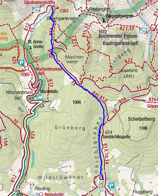Gaudeamushütte (1263 m) vom Parkplatz Prama Gaudeamushütte (1263 m) vom Parkplatz Prama