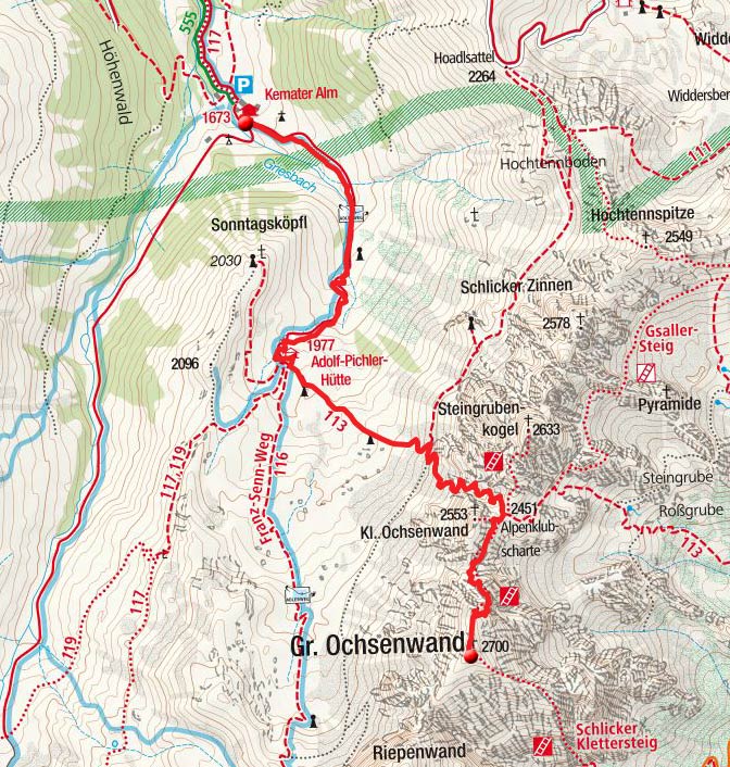 Große Ochsenwand–Klettersteig (2633m) von der Kemater Alm Große Ochsenwand–Klettersteig (2633m) von der Kemater Alm