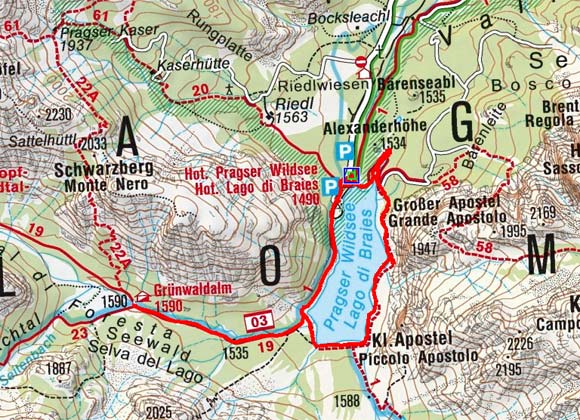 Grünwaldalm vom Parkplatz Pragser Wildsee Grünwaldalm vom Parkplatz Pragser Wildsee