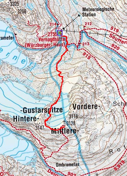 Mittlere Guslarspitze (3128 m) von der Vernagthütte Mittlere Guslarspitze (3128 m) von der Vernagthütte