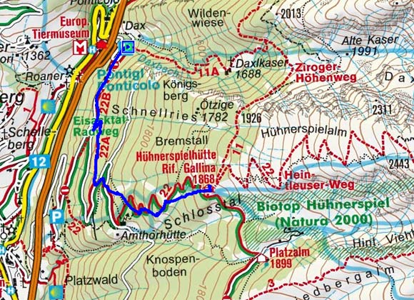 Hühnerspielhütte (1870 m) vom Parkplatz Pontiggl Hühnerspielhütte (1870 m) vom Parkplatz Pontiggl
