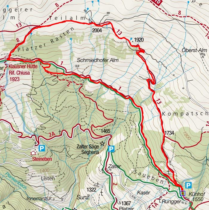 Klausner Hütte (1923 m) über Almenweg vom Parkplatz Kühhof Klausner Hütte (1923 m) über Almenweg vom Parkplatz Kühhof