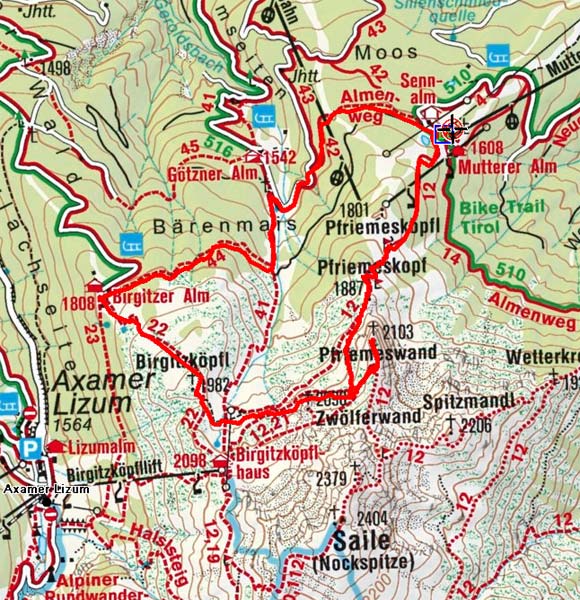 Pfriemeswand u. Zwölferspitze (2103/2098 m) von der Muttereralm Pfriemeswand u. Zwölferspitze (2103/2098 m) von der Muttereralm
