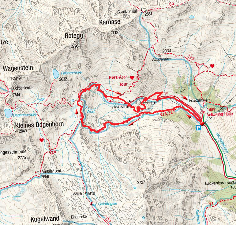 Schrentebachboden mit Wasserfall von der Volkzeiner Hütte Schrentebachboden mit Wasserfall von der Volkzeiner Hütte