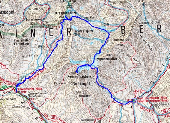 3 Tag: Pforzheimerhütte-Zwieselbacher Roßkogel-Kraspesspitze-Schweinfurterhütte 3 Tag: Pforzheimerhütte-Zwieselbacher Roßkogel-Kraspesspitze-Schweinfurterhütte