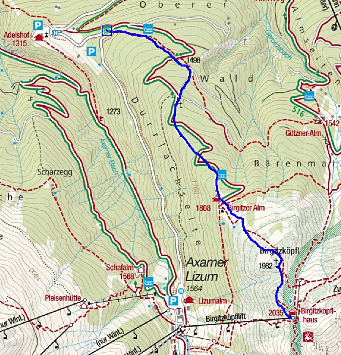 Birgitzköpflhaus (2035 m) vom Parkplatz Birgitzer Alm Birgitzköpflhaus (2035 m) vom Parkplatz Birgitzer Alm