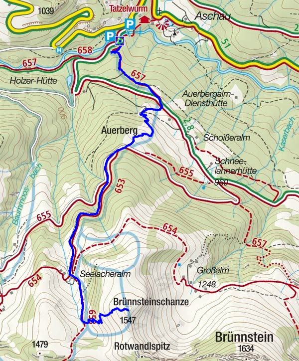 Brünnsteinschanze (1547 m) vom Tatzelwurm Brünnsteinschanze (1547 m) vom Tatzelwurm