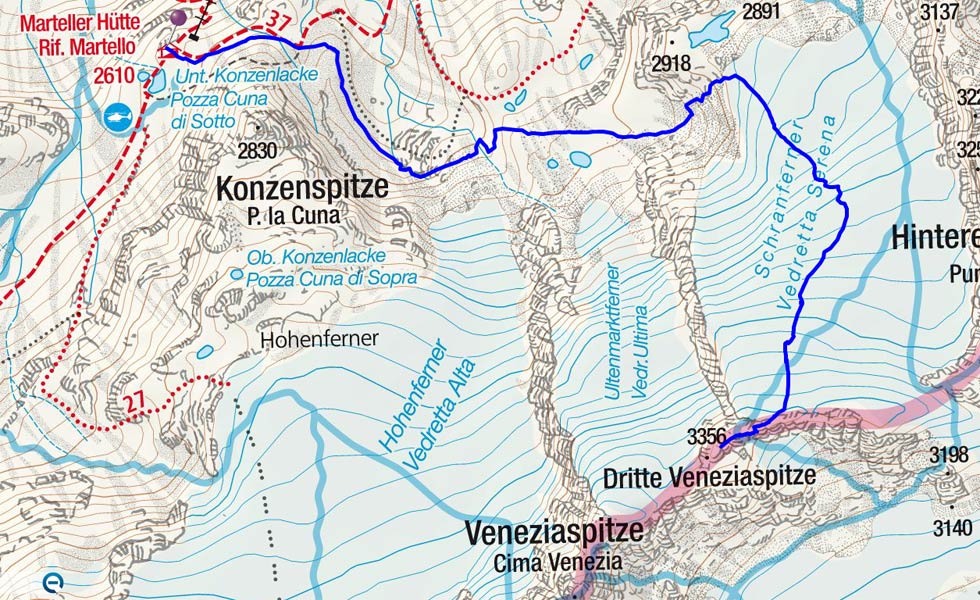 Östliche Veneziaspitze (3356 m) von der Marteller Hütte Östliche Veneziaspitze (3356 m) von der Marteller Hütte