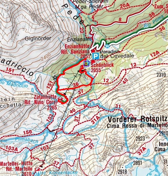 Zufallhütte (2265 m) vom Parkplatz Hintermartell Zufallhütte (2265 m) vom Parkplatz Hintermartell