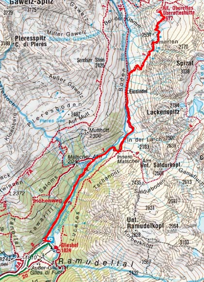 Oberetteshütte (2677 m) vom Glieshof Oberetteshütte (2677 m) vom Glieshof