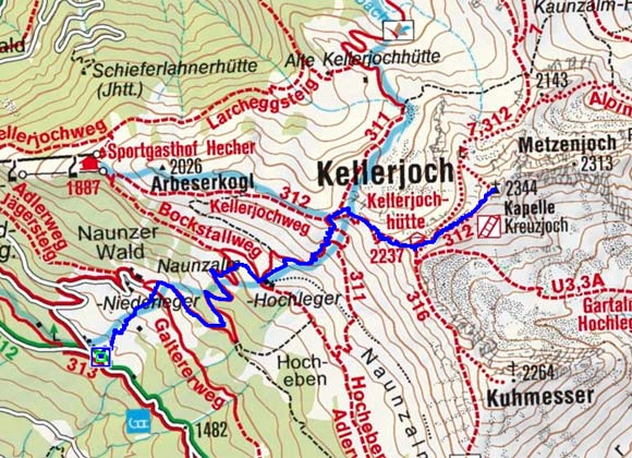 Kellerjoch - Kellerjochhütte (2237/2344 m) über die Naunzalm Kellerjoch - Kellerjochhütte (2237/2344 m) über die Naunzalm