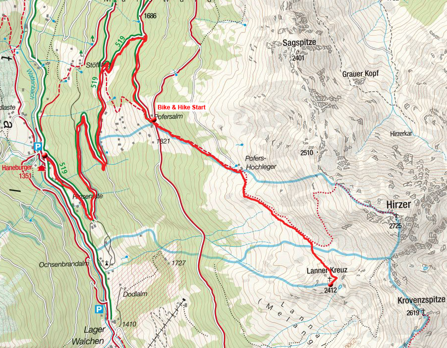 Lanner Kreuz (2412m) vom Alpengasthof Hanneburger Lanner Kreuz (2412m) vom Alpengasthof Hanneburger