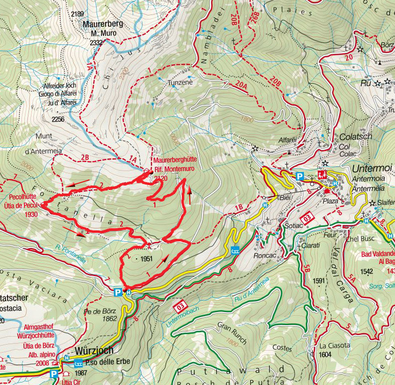 Maurerberghütte (2157m) vom Parkplatz Pé de Börz Maurerberghütte (2157m) vom Parkplatz Pé de Börz