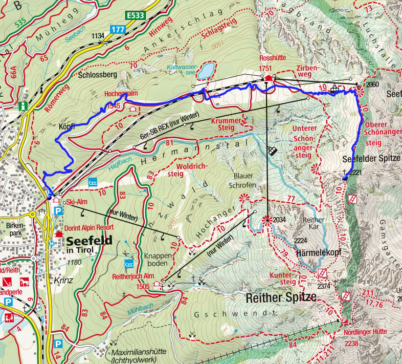 Seefelder Spitze (2221m) von der Talstation der Rosshüttenbahn Seefelder Spitze (2221m) von der Talstation der Rosshüttenbahn